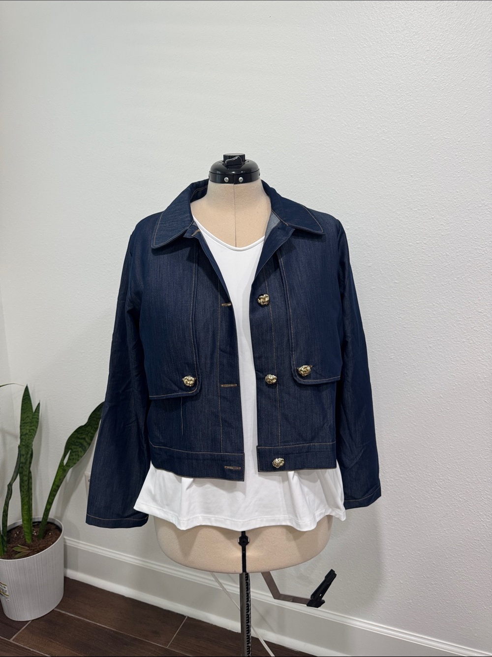 Pastels Navy Denim Button-Front Cropped Jacket